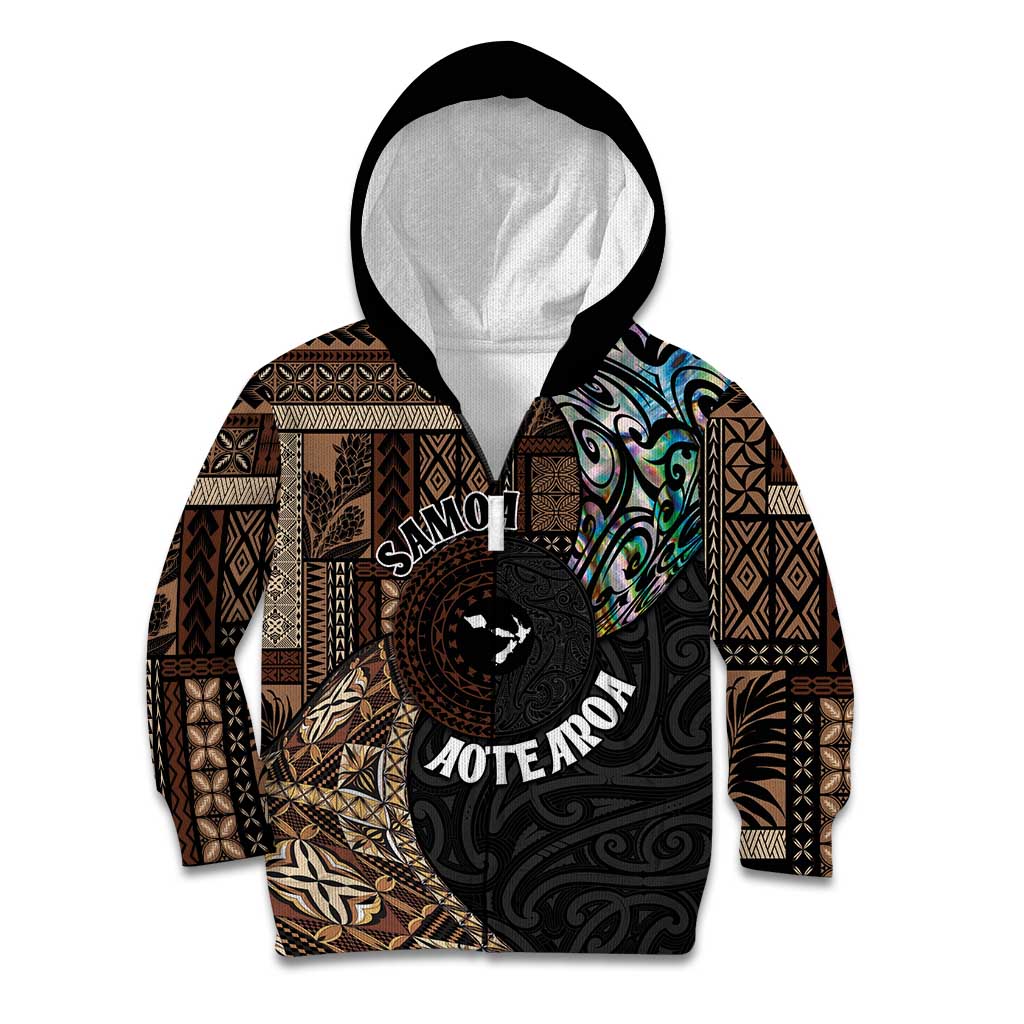 Samoa and New Zealand Together Kid Hoodie Siapo Motif and Maori Paua Shell Pattern