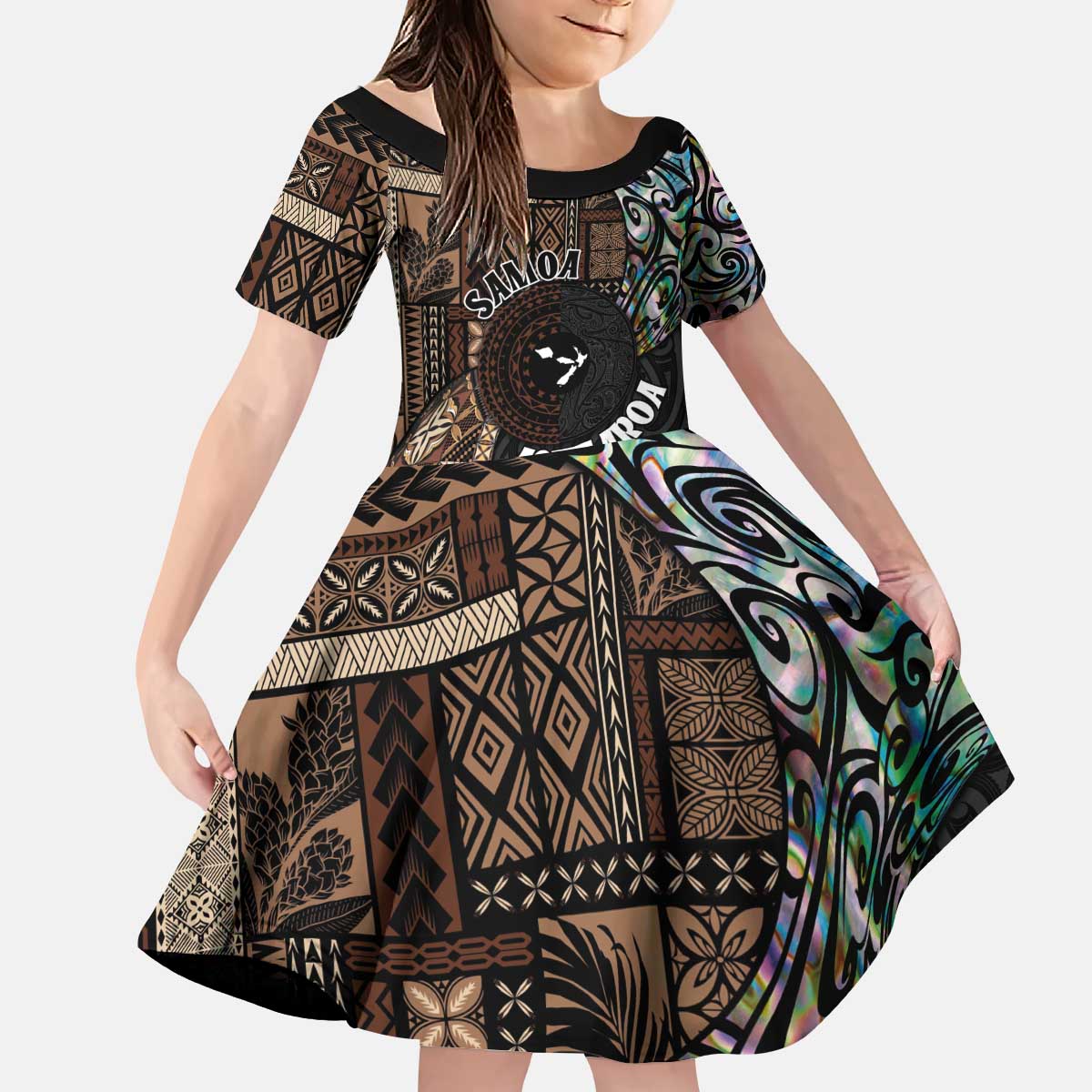 Samoa and New Zealand Together Kid Short Sleeve Dress Siapo Motif and Maori Paua Shell Pattern LT03 KID Black - Polynesian Pride