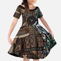 Samoa and New Zealand Together Kid Short Sleeve Dress Siapo Motif and Maori Paua Shell Pattern LT03 KID Black - Polynesian Pride