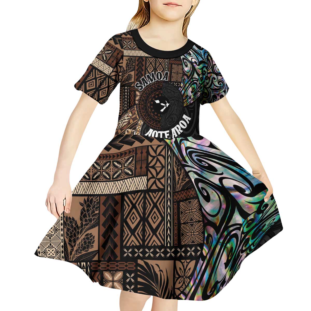 Samoa and New Zealand Together Kid Short Sleeve Dress Siapo Motif and Maori Paua Shell Pattern LT03 - Polynesian Pride