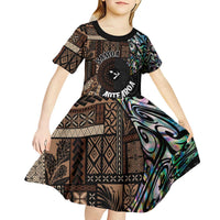 Samoa and New Zealand Together Kid Short Sleeve Dress Siapo Motif and Maori Paua Shell Pattern LT03 - Polynesian Pride