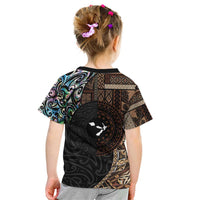 Samoa and New Zealand Together Kid T Shirt Siapo Motif and Maori Paua Shell Pattern