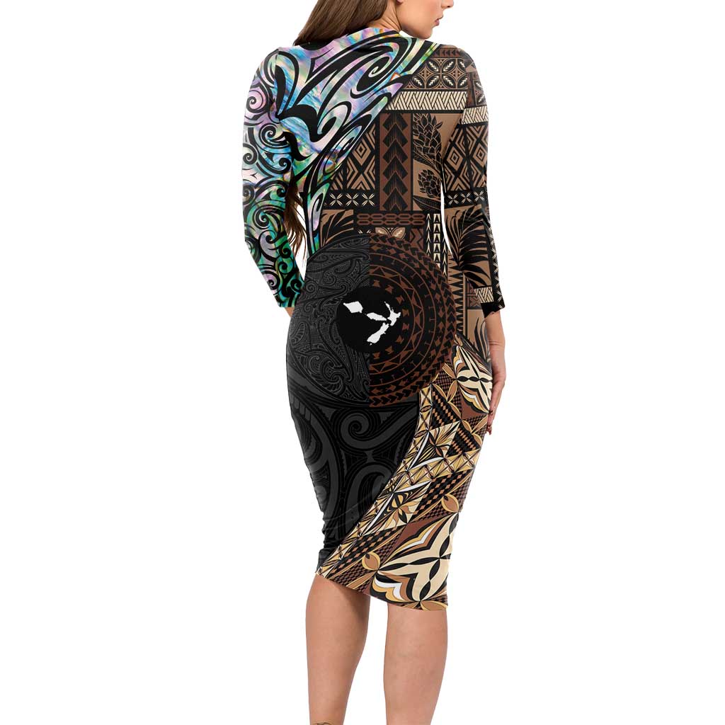 Samoa and New Zealand Together Long Sleeve Bodycon Dress Siapo Motif and Maori Paua Shell Pattern