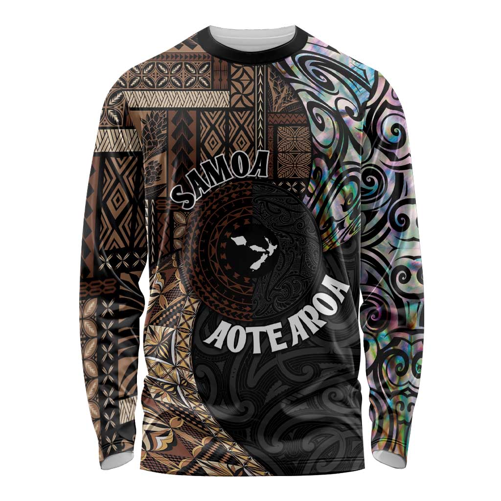 Samoa and New Zealand Together Long Sleeve Shirt Siapo Motif and Maori Paua Shell Pattern LT03 Unisex Black - Polynesian Pride
