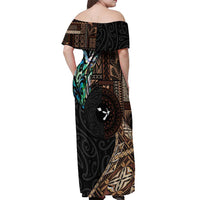 Samoa and New Zealand Together Off Shoulder Maxi Dress Siapo Motif and Maori Paua Shell Pattern