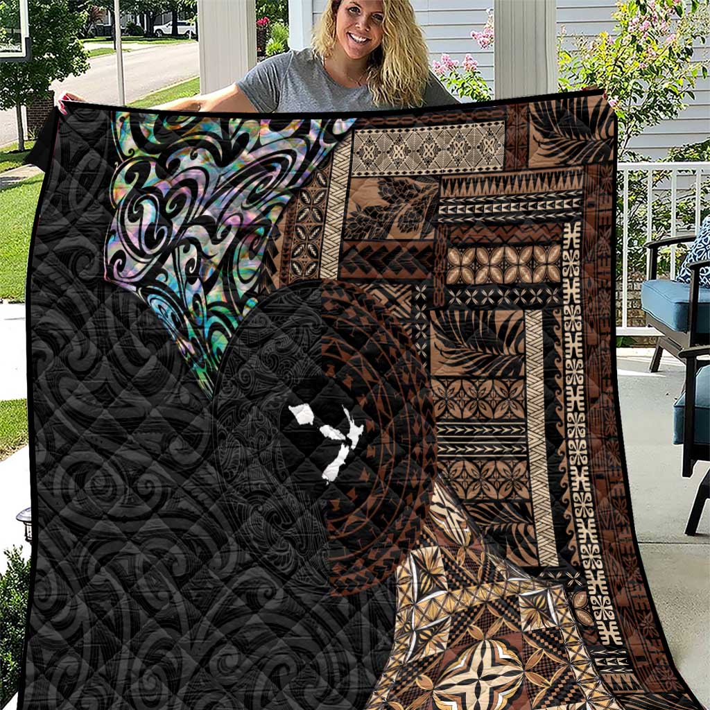 Samoa and New Zealand Together Quilt Siapo Motif and Maori Paua Shell Pattern LT03 Black - Polynesian Pride