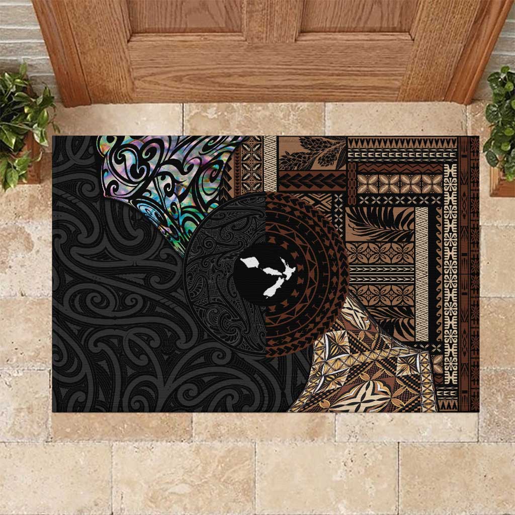 Samoa and New Zealand Together Rubber Doormat Siapo Motif and Maori Paua Shell Pattern LT03 Black - Polynesian Pride