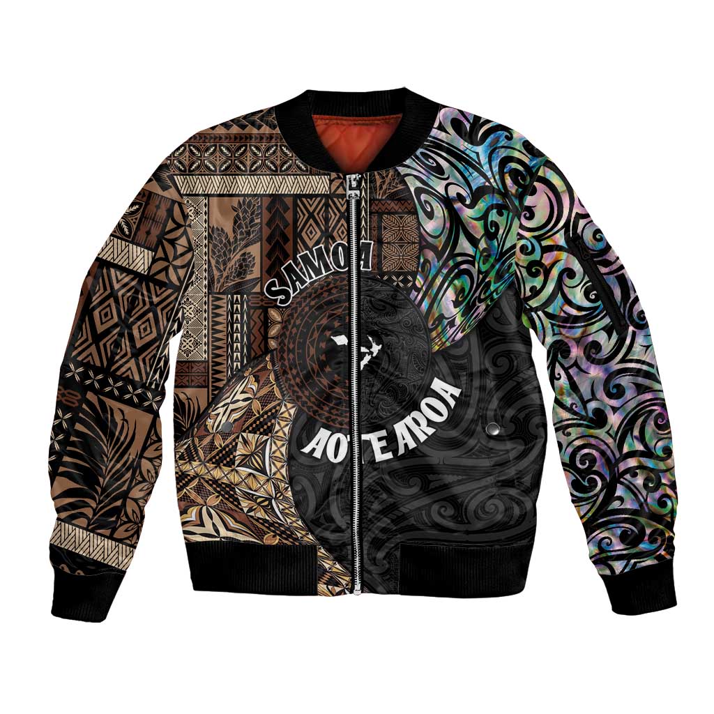 Samoa and New Zealand Together Sleeve Zip Bomber Jacket Siapo Motif and Maori Paua Shell Pattern LT03 Unisex Black - Polynesian Pride