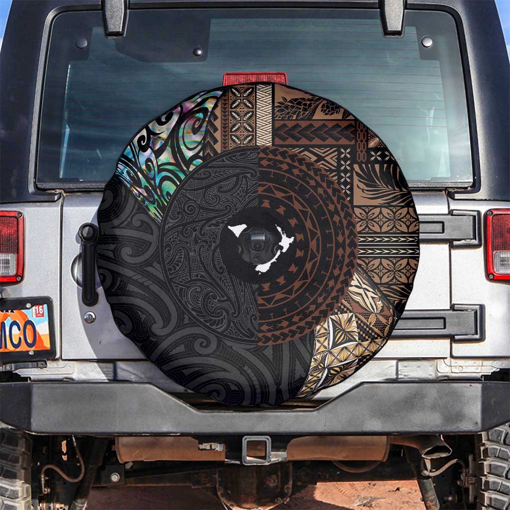 Samoa and New Zealand Together Spare Tire Cover Siapo Motif and Maori Paua Shell Pattern LT03 Black - Polynesian Pride