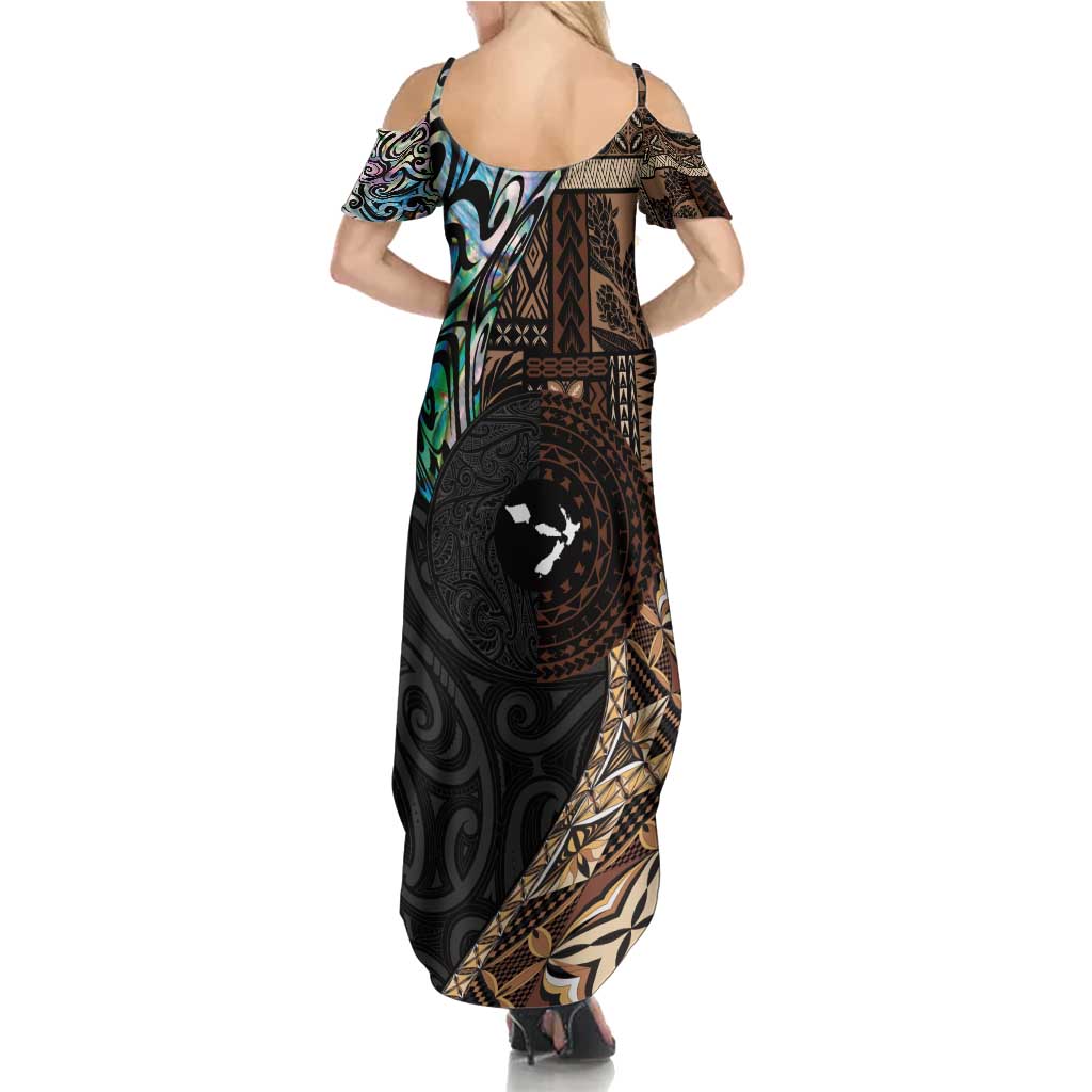 Samoa and New Zealand Together Summer Maxi Dress Siapo Motif and Maori Paua Shell Pattern LT03 - Polynesian Pride