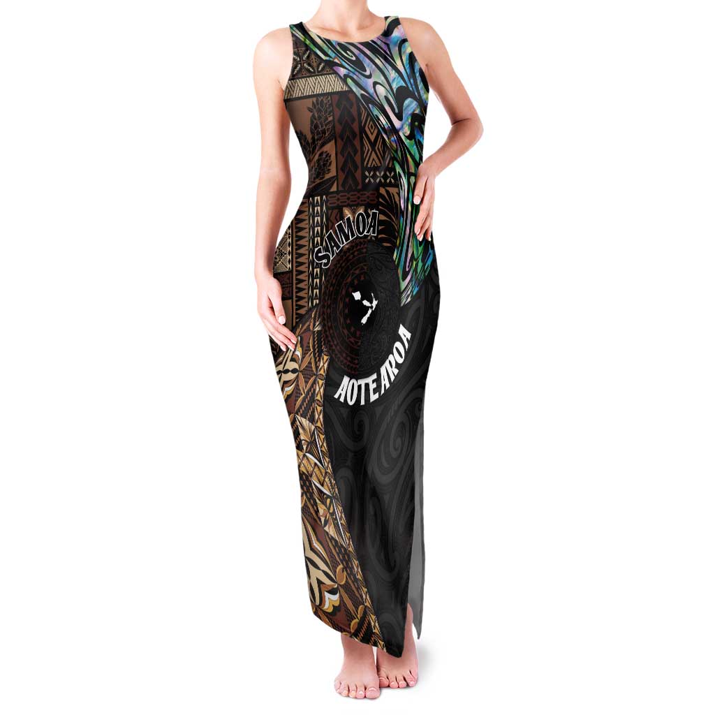 Samoa and New Zealand Together Tank Maxi Dress Siapo Motif and Maori Paua Shell Pattern LT03 Women Black - Polynesian Pride