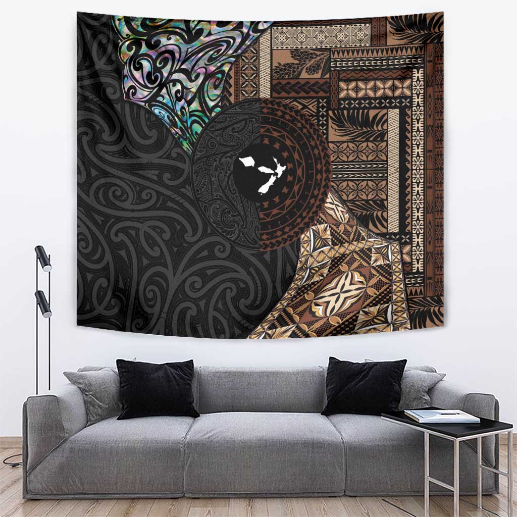 Samoa and New Zealand Together Tapestry Siapo Motif and Maori Paua Shell Pattern LT03 Black - Polynesian Pride