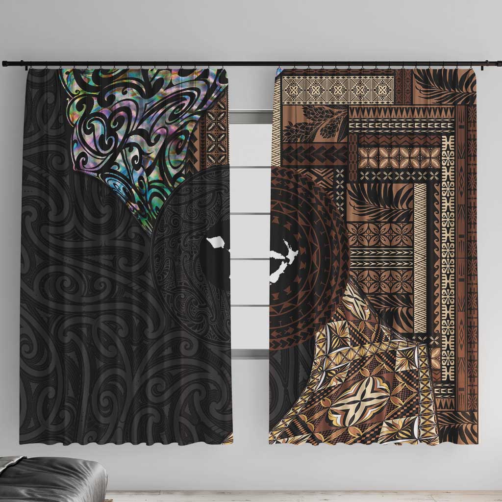Samoa and New Zealand Together Window Curtain Siapo Motif and Maori Paua Shell Pattern LT03 With Hooks Black - Polynesian Pride