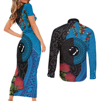 Fiji and New Zealand Together Couples Matching Short Sleeve Bodycon Dress and Long Sleeve Button Shirt Tapa Maori Tattoo mix Tagimoucia and Pohutukawa