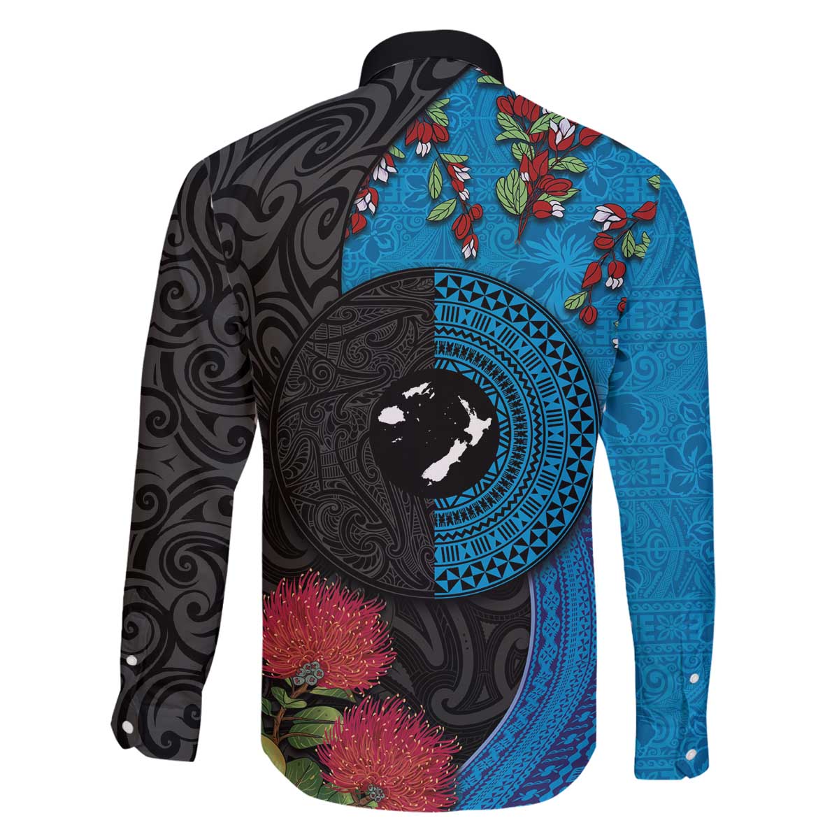 Fiji and New Zealand Together Family Matching Off The Shoulder Long Sleeve Dress and Hawaiian Shirt Tapa Maori Tattoo mix Tagimoucia and Pohutukawa