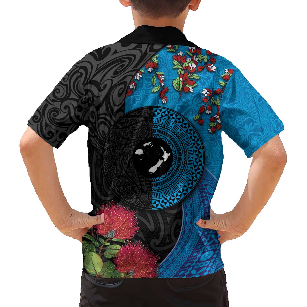 Fiji and New Zealand Together Family Matching Off Shoulder Short Dress and Hawaiian Shirt Tapa Maori Tattoo mix Tagimoucia and Pohutukawa LT03 - Polynesian Pride