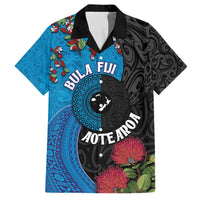 Fiji and New Zealand Together Family Matching Off Shoulder Short Dress and Hawaiian Shirt Tapa Maori Tattoo mix Tagimoucia and Pohutukawa LT03 Dad's Shirt - Short Sleeve Black - Polynesian Pride