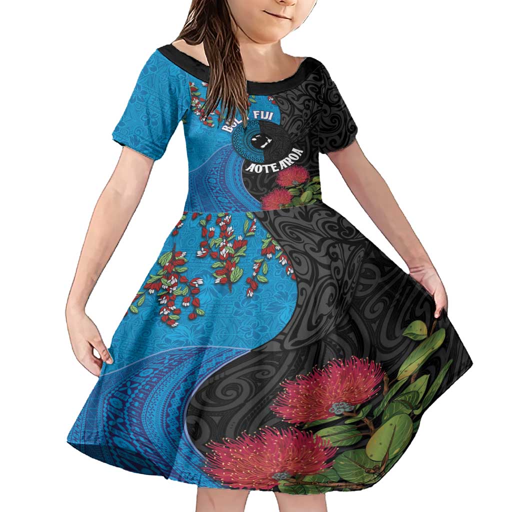 Fiji and New Zealand Together Family Matching Short Sleeve Bodycon Dress and Hawaiian Shirt Tapa Maori Tattoo mix Tagimoucia and Pohutukawa LT03 Daughter's Dress Black - Polynesian Pride
