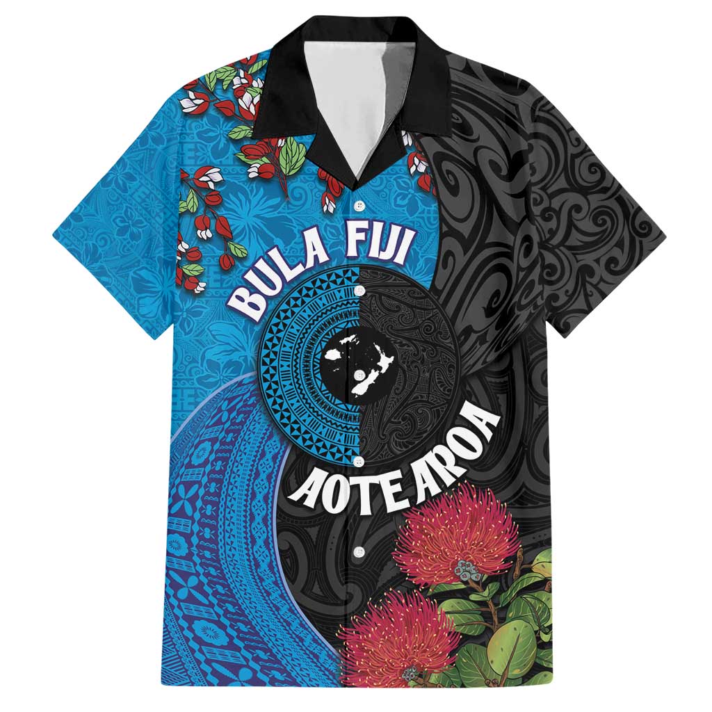 Fiji and New Zealand Together Family Matching Short Sleeve Bodycon Dress and Hawaiian Shirt Tapa Maori Tattoo mix Tagimoucia and Pohutukawa LT03 Dad's Shirt - Short Sleeve Black - Polynesian Pride