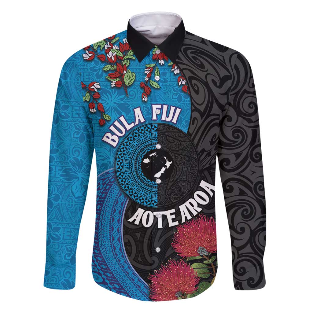 Fiji and New Zealand Together Family Matching Summer Maxi Dress and Hawaiian Shirt Tapa Maori Tattoo mix Tagimoucia and Pohutukawa LT03 Dad's Shirt - Long Sleeve Black - Polynesian Pride
