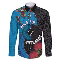 Fiji and New Zealand Together Family Matching Summer Maxi Dress and Hawaiian Shirt Tapa Maori Tattoo mix Tagimoucia and Pohutukawa LT03 Dad's Shirt - Long Sleeve Black - Polynesian Pride