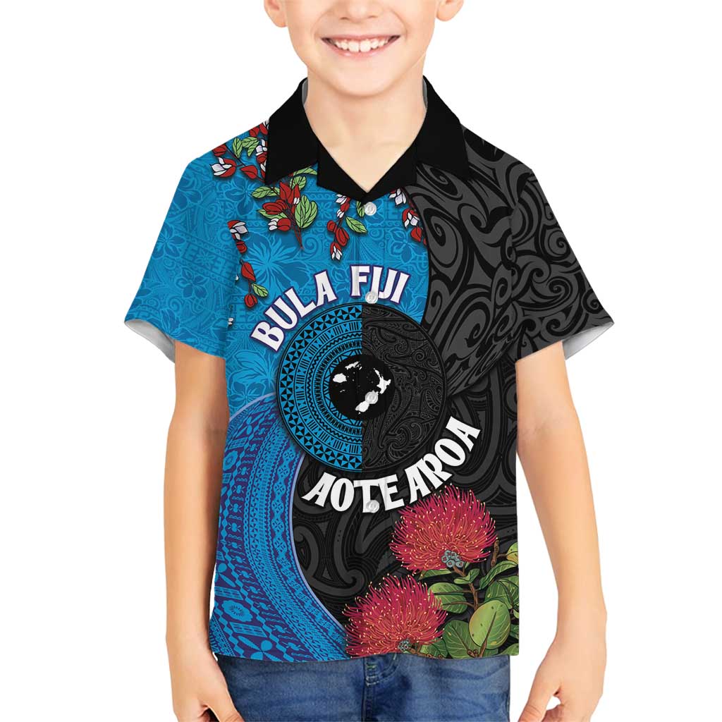 Fiji and New Zealand Together Family Matching Summer Maxi Dress and Hawaiian Shirt Tapa Maori Tattoo mix Tagimoucia and Pohutukawa LT03 Son's Shirt Black - Polynesian Pride