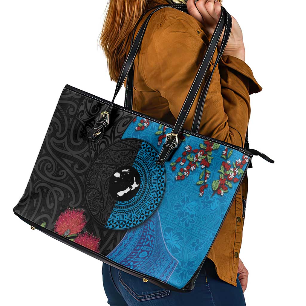 Fiji and New Zealand Together Leather Tote Bag Tapa Maori Tattoo mix Tagimoucia and Pohutukawa