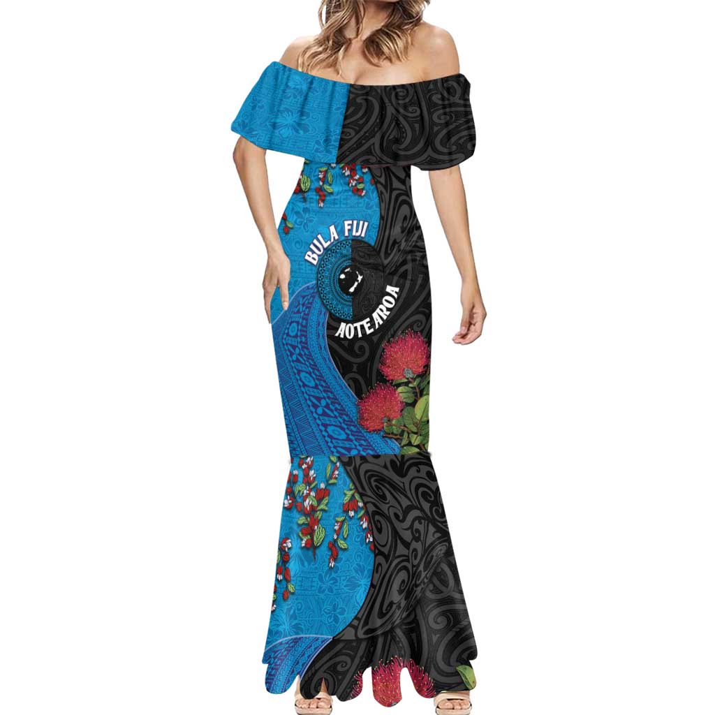 Fiji and New Zealand Together Mermaid Dress Tapa Maori Tattoo mix Tagimoucia and Pohutukawa