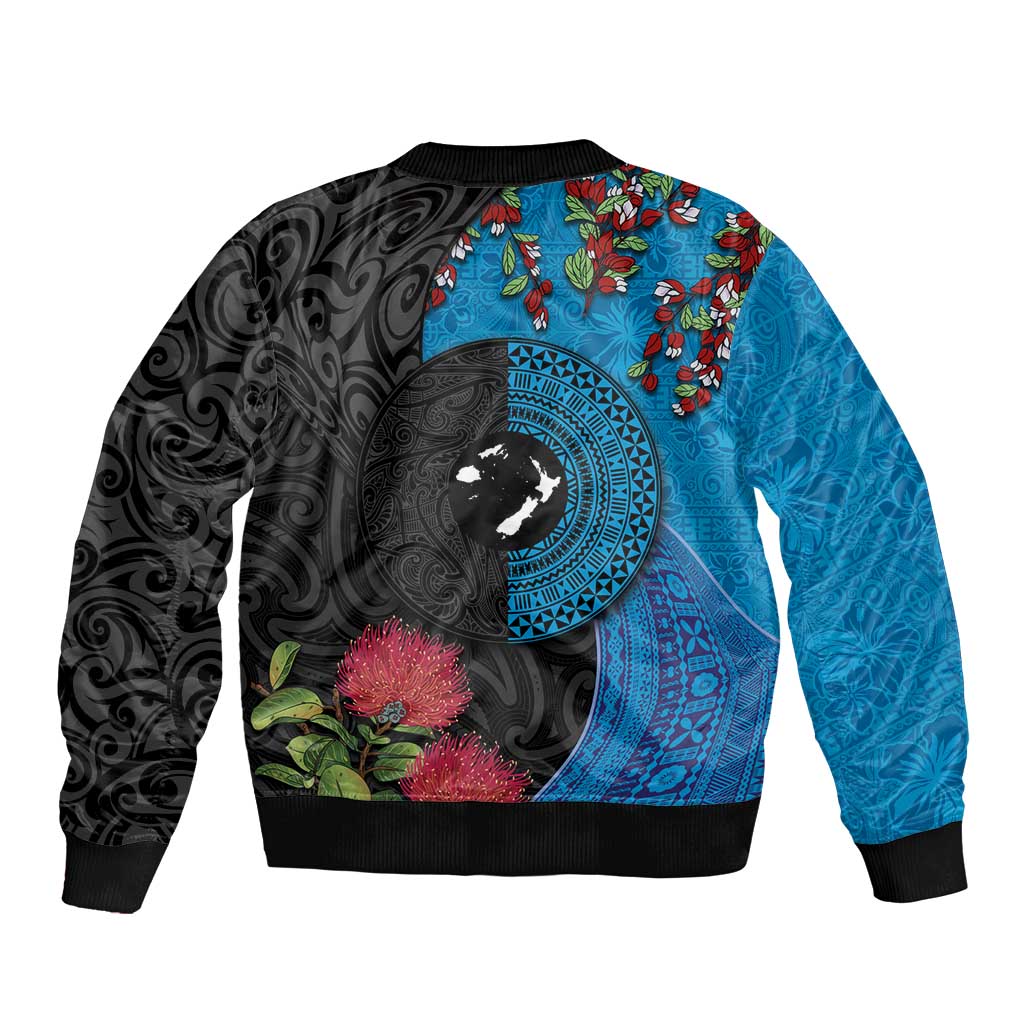 Fiji and New Zealand Together Sleeve Zip Bomber Jacket Tapa Maori Tattoo mix Tagimoucia and Pohutukawa