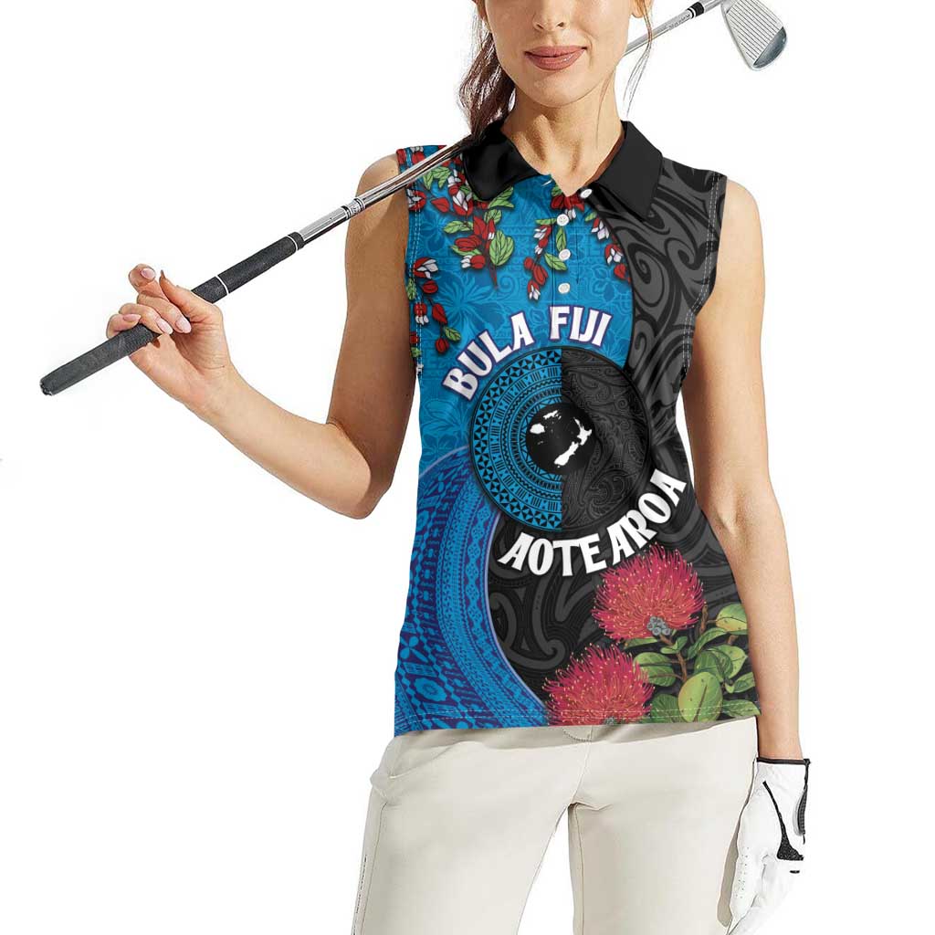 Fiji and New Zealand Together Women Sleeveless Polo Shirt Tapa Maori Tattoo mix Tagimoucia and Pohutukawa