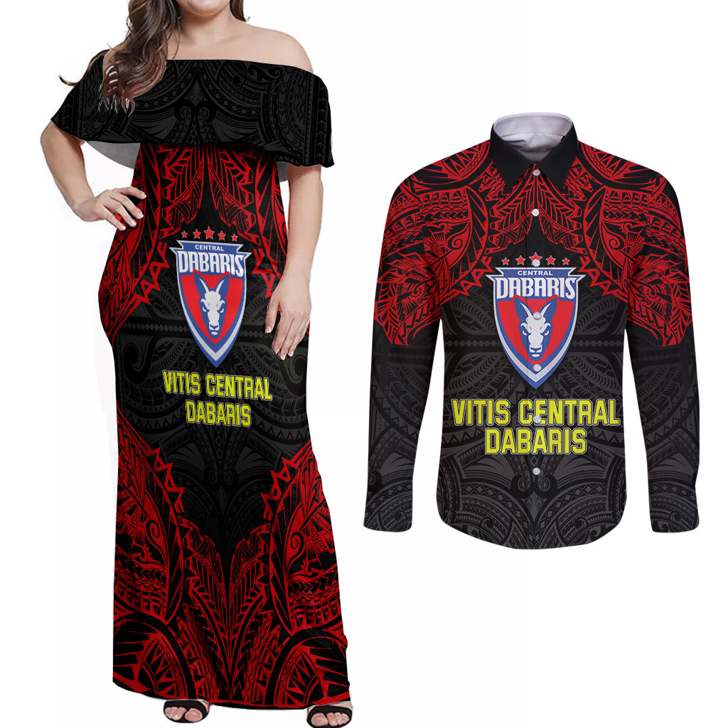 Custom Vitis Central Dabaris Rugby Couples Matching Off Shoulder Maxi Dress and Long Sleeve Button Shirts Papua New Guinea Polynesian Tattoo LT03 Red - Polynesian Pride
