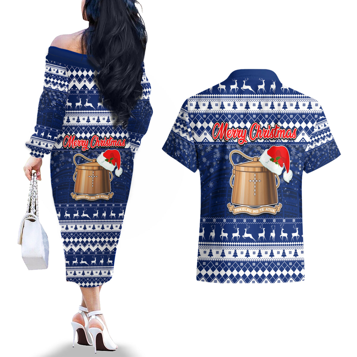 Tokelau Christmas Couples Matching Off The Shoulder Long Sleeve Dress and Hawaiian Shirt Santa Claus Tokelau Flag and Coat of Arms with Polynesian Pattern LT03 - Polynesian Pride