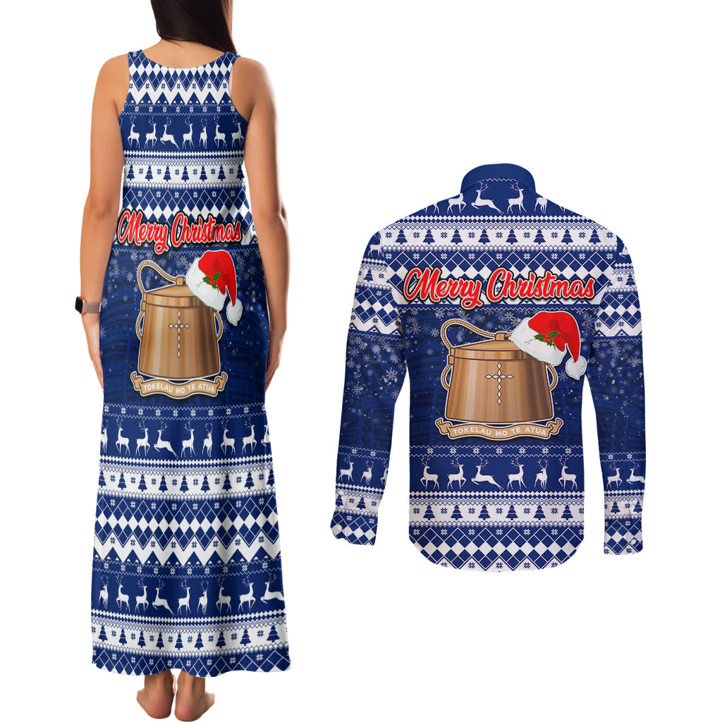 Tokelau Christmas Couples Matching Tank Maxi Dress and Long Sleeve Button Shirt Santa Claus Tokelau Flag and Coat of Arms with Polynesian Pattern LT03 - Polynesian Pride
