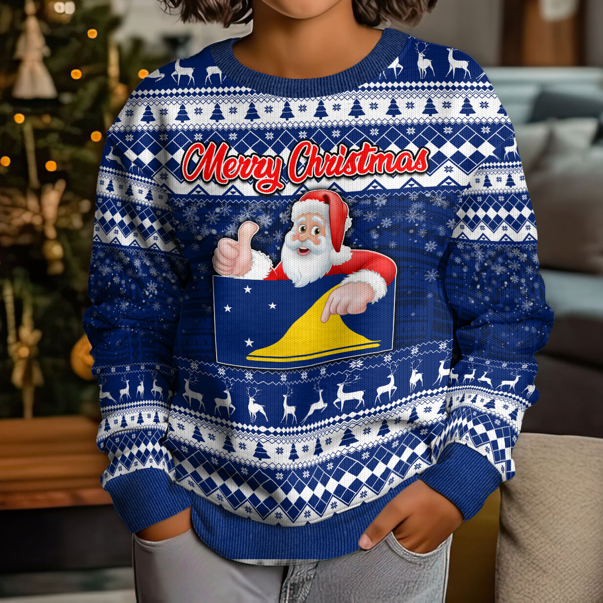 Tokelau Christmas Kid Ugly Christmas Sweater Santa Claus Tokelau Flag and Coat of Arms with Polynesian Pattern LT03 - Polynesian Pride