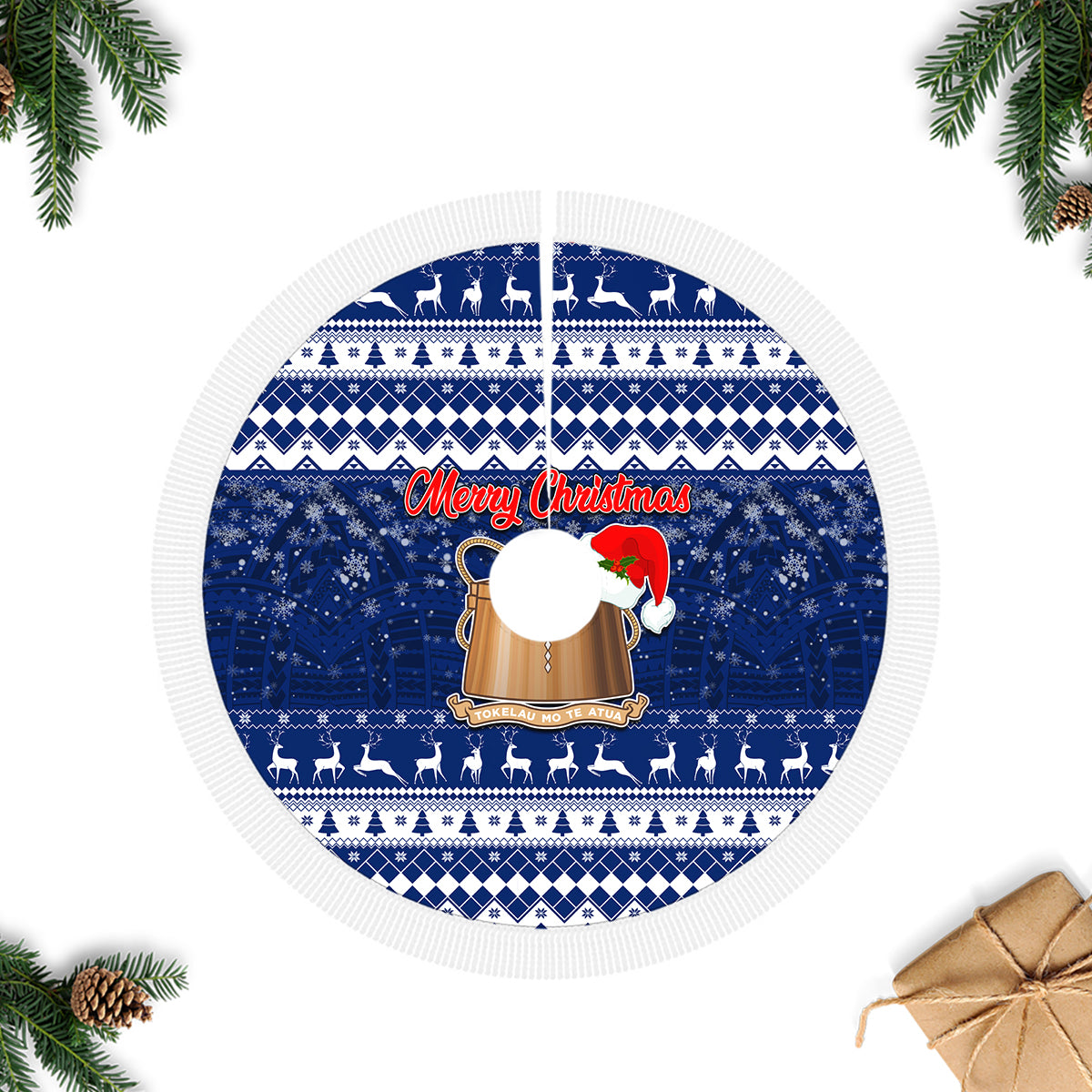 Tokelau Christmas Tree Skirt Santa Claus Tokelau Flag and Coat of Arms with Polynesian Pattern LT03 - Polynesian Pride