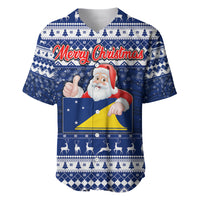 Personalised Tokelau Christmas Baseball Jersey Santa Claus Tokelau Flag and Coat of Arms with Polynesian Pattern LT03 Blue - Polynesian Pride