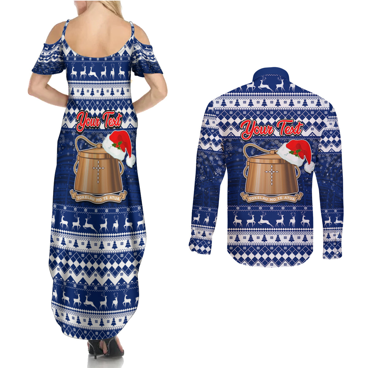 Personalised Tokelau Christmas Couples Matching Summer Maxi Dress and Long Sleeve Button Shirt Santa Claus Tokelau Flag and Coat of Arms with Polynesian Pattern LT03 - Polynesian Pride