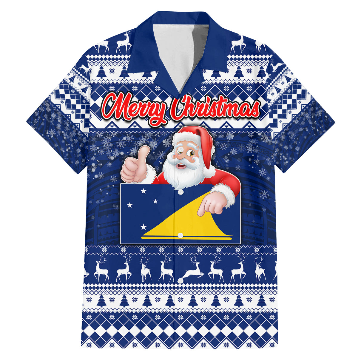 Personalised Tokelau Christmas Family Matching Mermaid Dress and Hawaiian Shirt Santa Claus Tokelau Flag and Coat of Arms with Polynesian Pattern LT03 Dad's Shirt - Short Sleeve Blue - Polynesian Pride