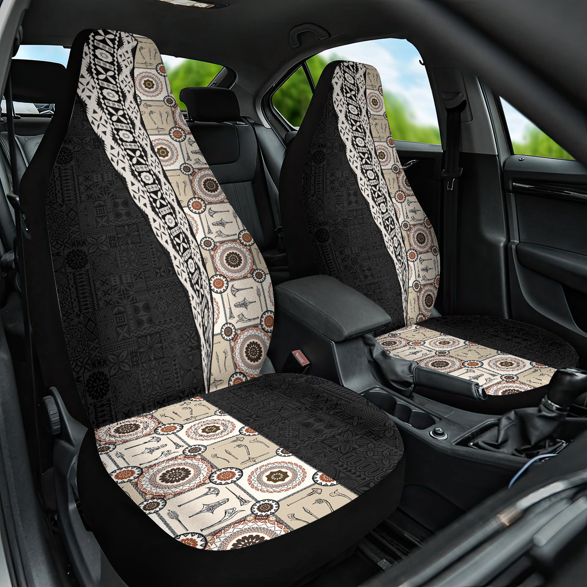 Tukenny Pattern Fijian War Clubs Mix Tapa Tribal Car Seat Cover LT03 One Size Beige - Polynesian Pride