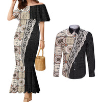 Tukenny Pattern Fijian War Clubs Mix Tapa Tribal Couples Matching Mermaid Dress and Long Sleeve Button Shirt LT03 Beige - Polynesian Pride