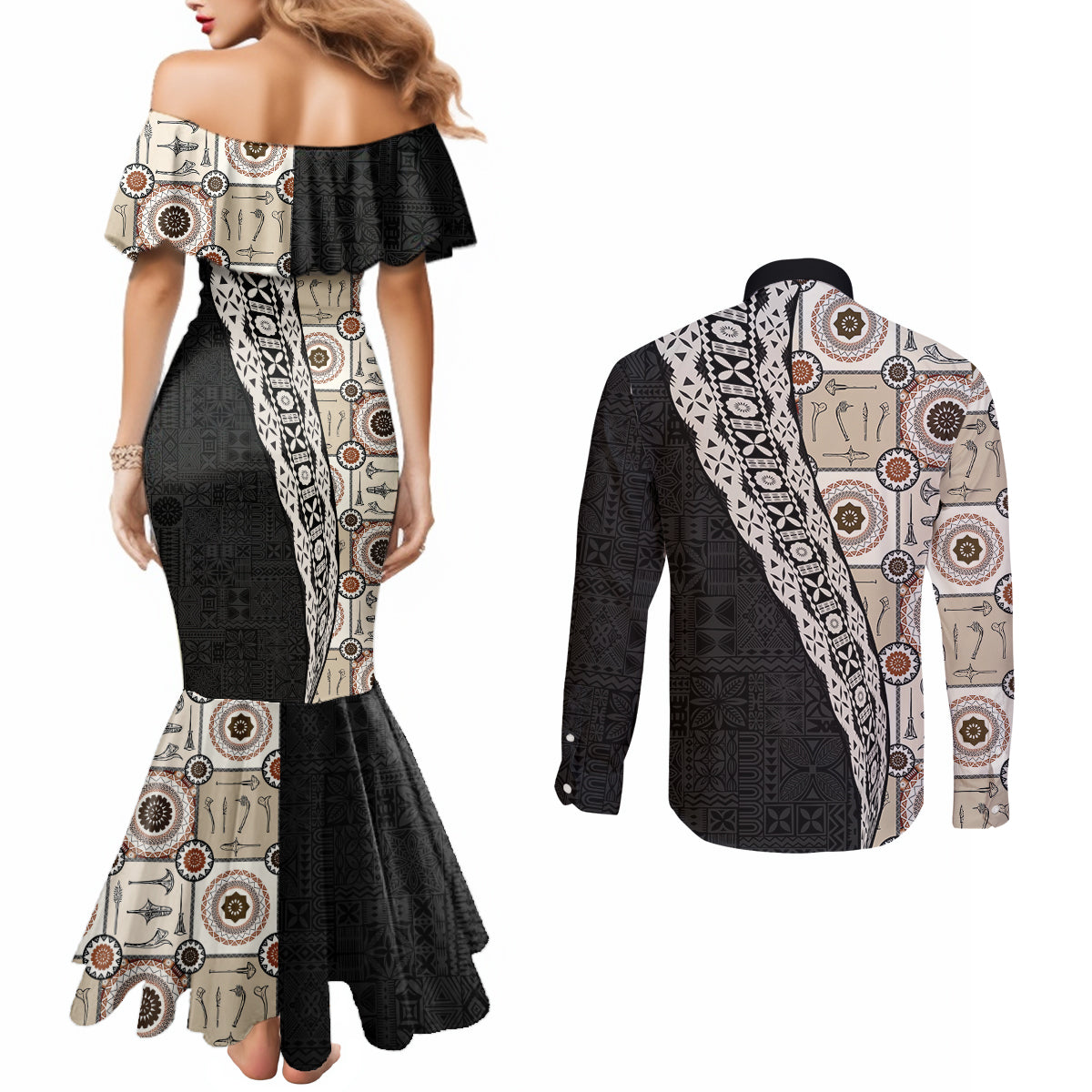 Tukenny Pattern Fijian War Clubs Mix Tapa Tribal Couples Matching Mermaid Dress and Long Sleeve Button Shirt LT03 - Polynesian Pride