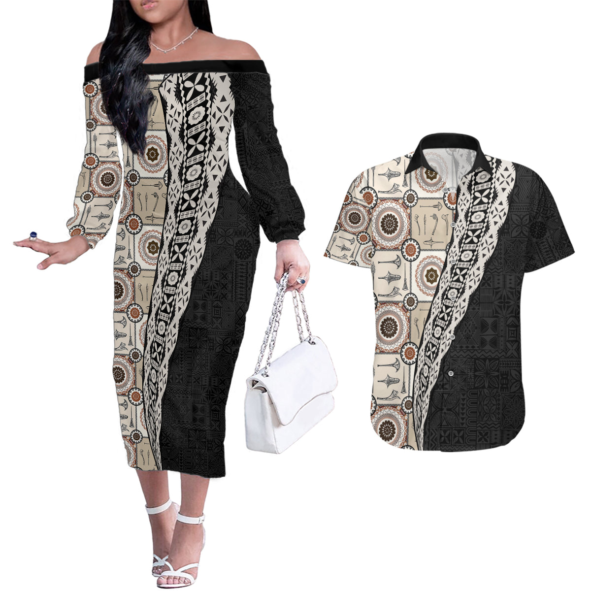 Tukenny Pattern Fijian War Clubs Mix Tapa Tribal Couples Matching Off The Shoulder Long Sleeve Dress and Hawaiian Shirt LT03 Beige - Polynesian Pride