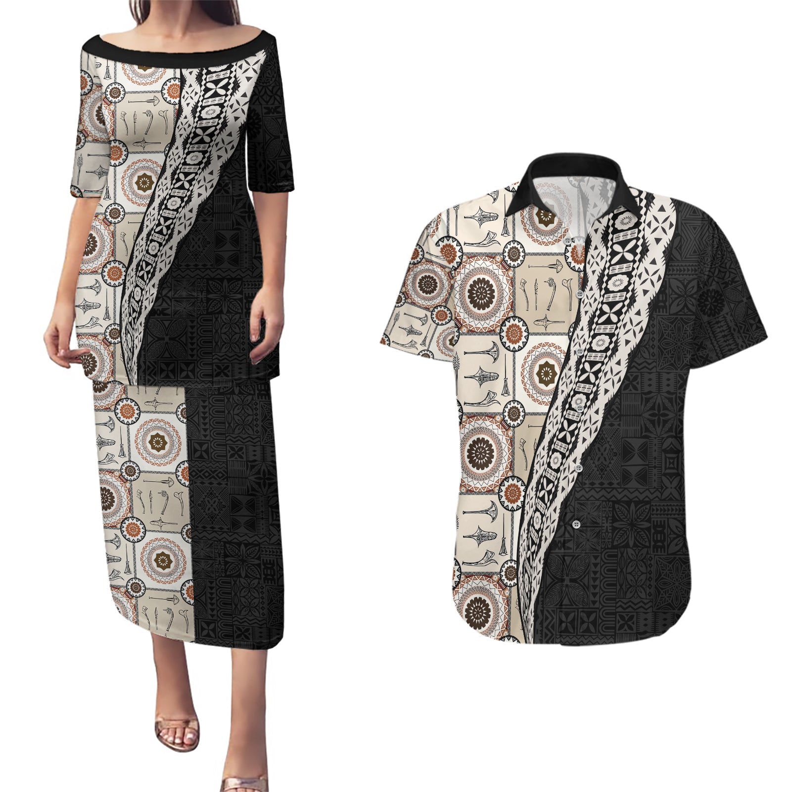 Tukenny Pattern Fijian War Clubs Mix Tapa Tribal Couples Matching Puletasi and Hawaiian Shirt LT03 Beige - Polynesian Pride