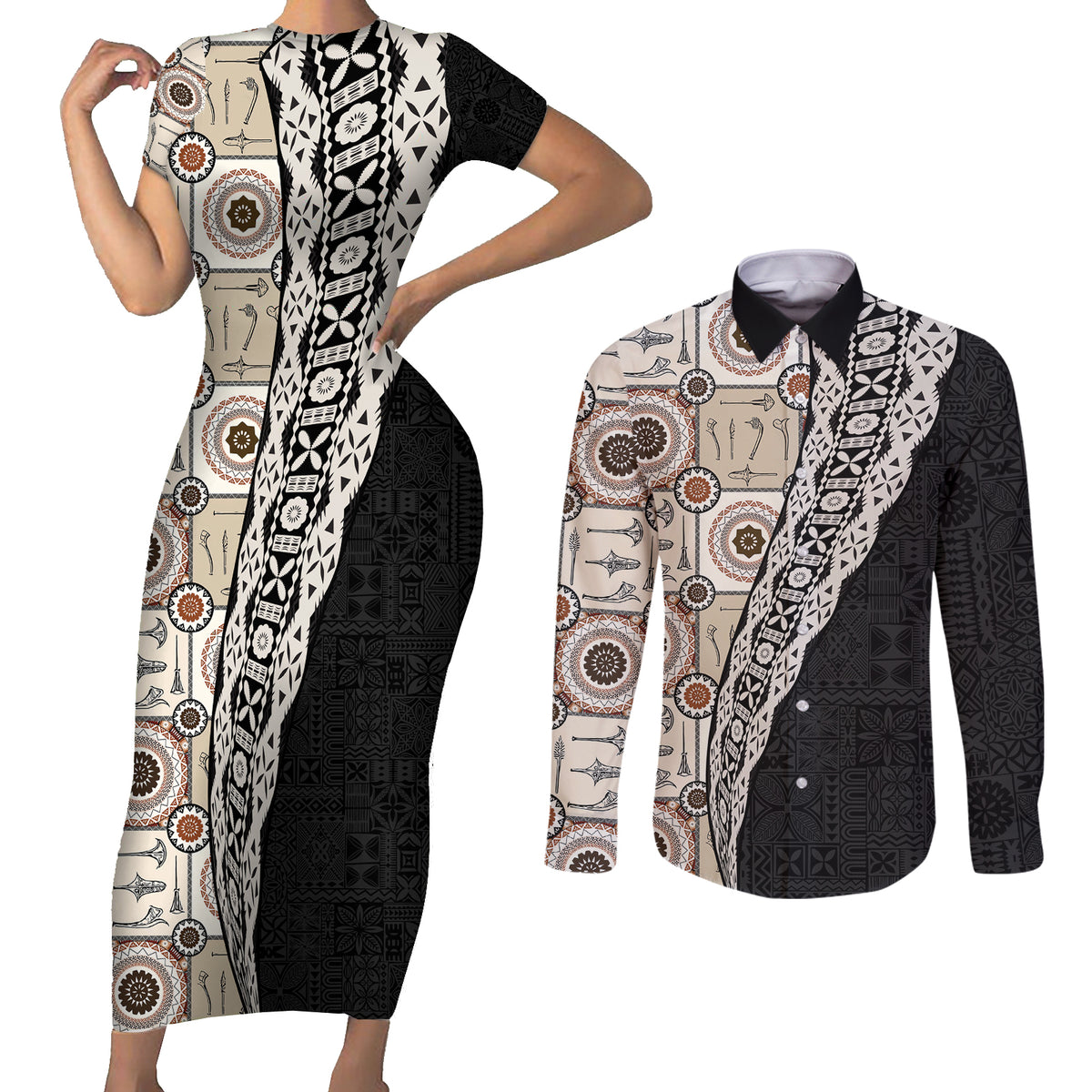 Tukenny Pattern Fijian War Clubs Mix Tapa Tribal Couples Matching Short Sleeve Bodycon Dress and Long Sleeve Button Shirt LT03 Beige - Polynesian Pride