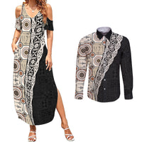 Tukenny Pattern Fijian War Clubs Mix Tapa Tribal Couples Matching Summer Maxi Dress and Long Sleeve Button Shirt LT03 Beige - Polynesian Pride