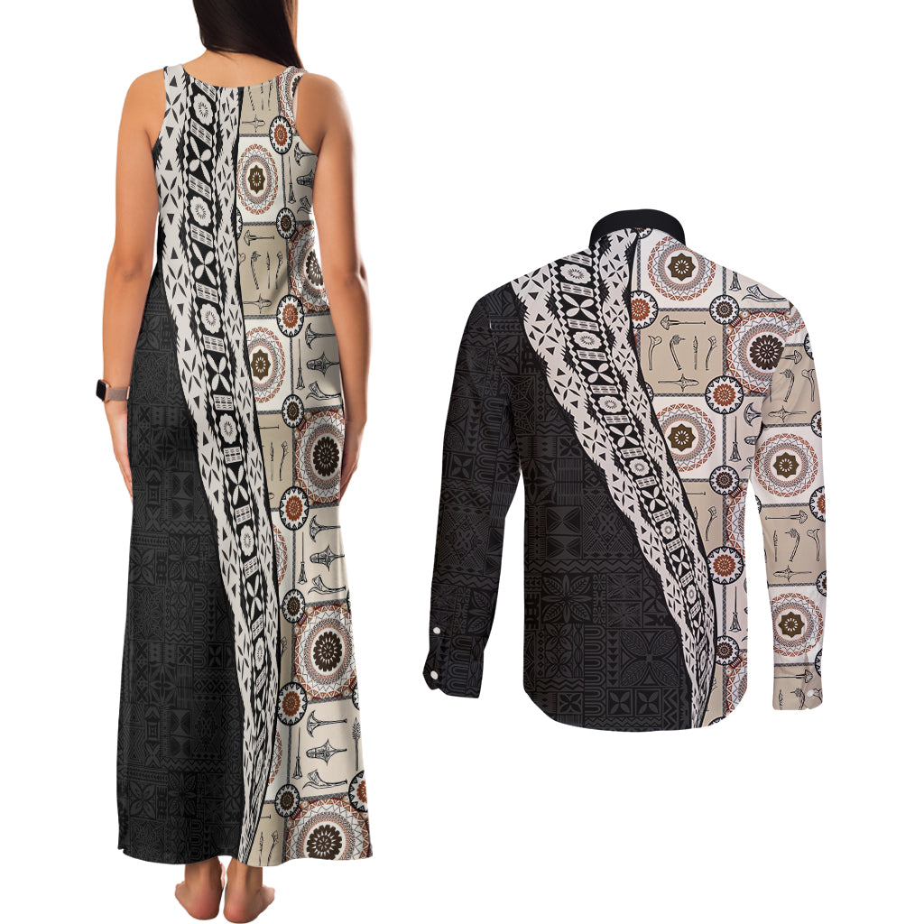 Tukenny Pattern Fijian War Clubs Mix Tapa Tribal Couples Matching Tank Maxi Dress and Long Sleeve Button Shirt LT03 - Polynesian Pride