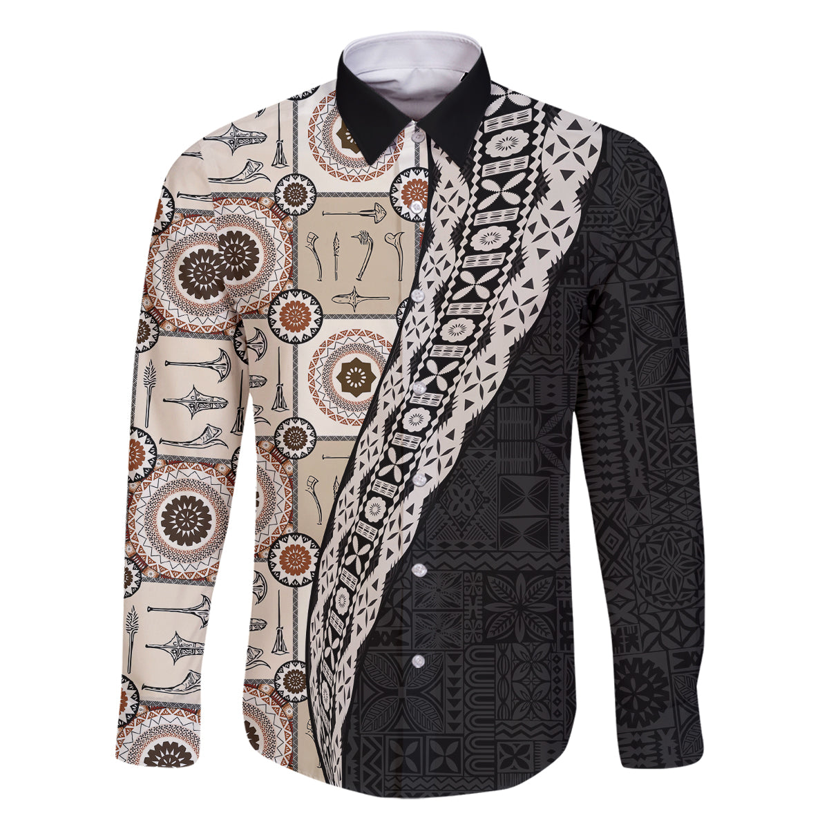 Tukenny Pattern Fijian War Clubs Mix Tapa Tribal Family Matching Off Shoulder Long Sleeve Dress and Hawaiian Shirt LT03 Dad's Shirt - Long Sleeve Beige - Polynesian Pride