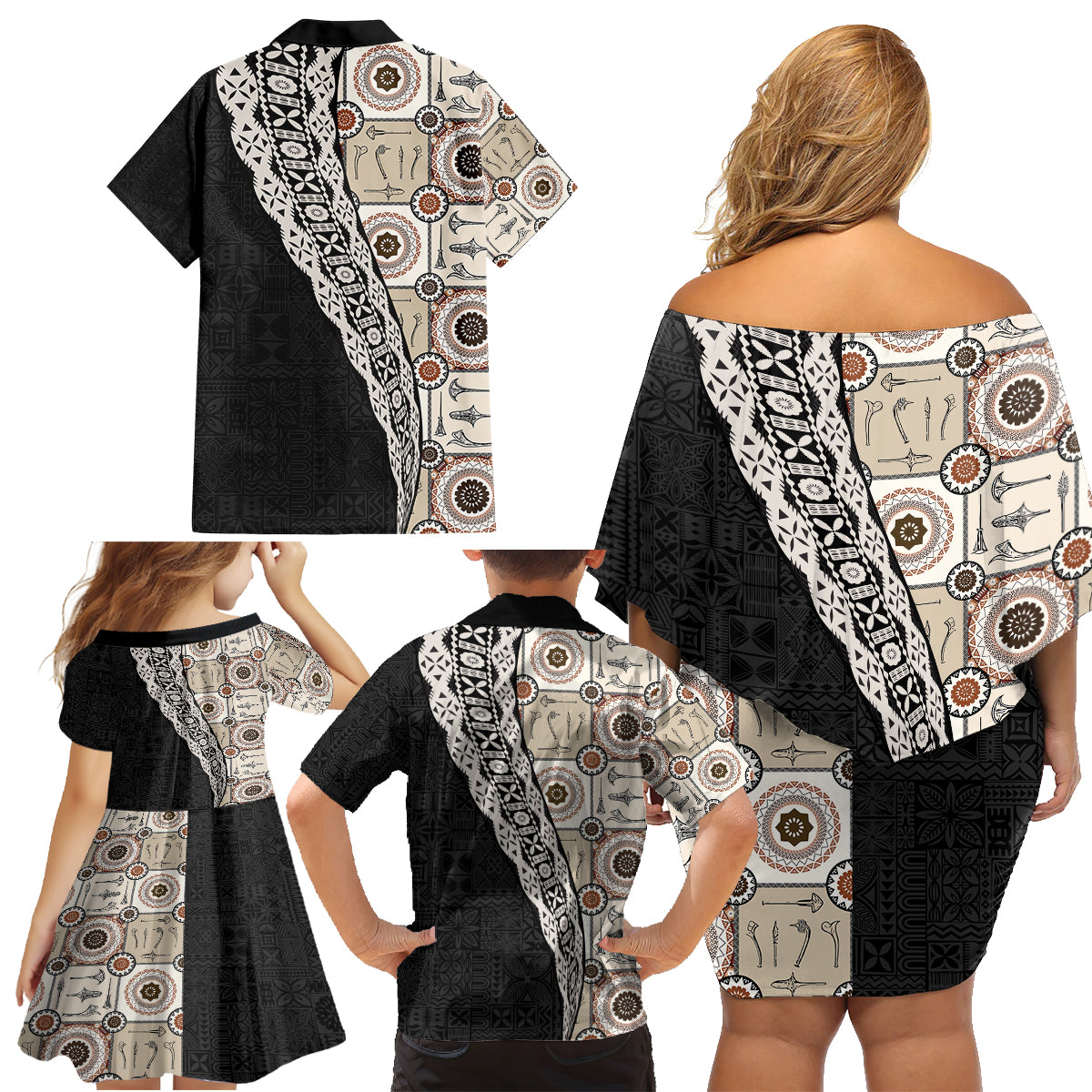 Tukenny Pattern Fijian War Clubs Mix Tapa Tribal Family Matching Off Shoulder Short Dress and Hawaiian Shirt LT03 - Polynesian Pride