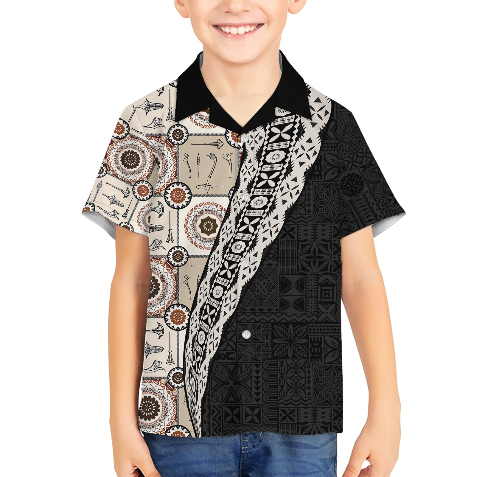 Tukenny Pattern Fijian War Clubs Mix Tapa Tribal Kid Hawaiian Shirt LT03 Kid Beige - Polynesian Pride