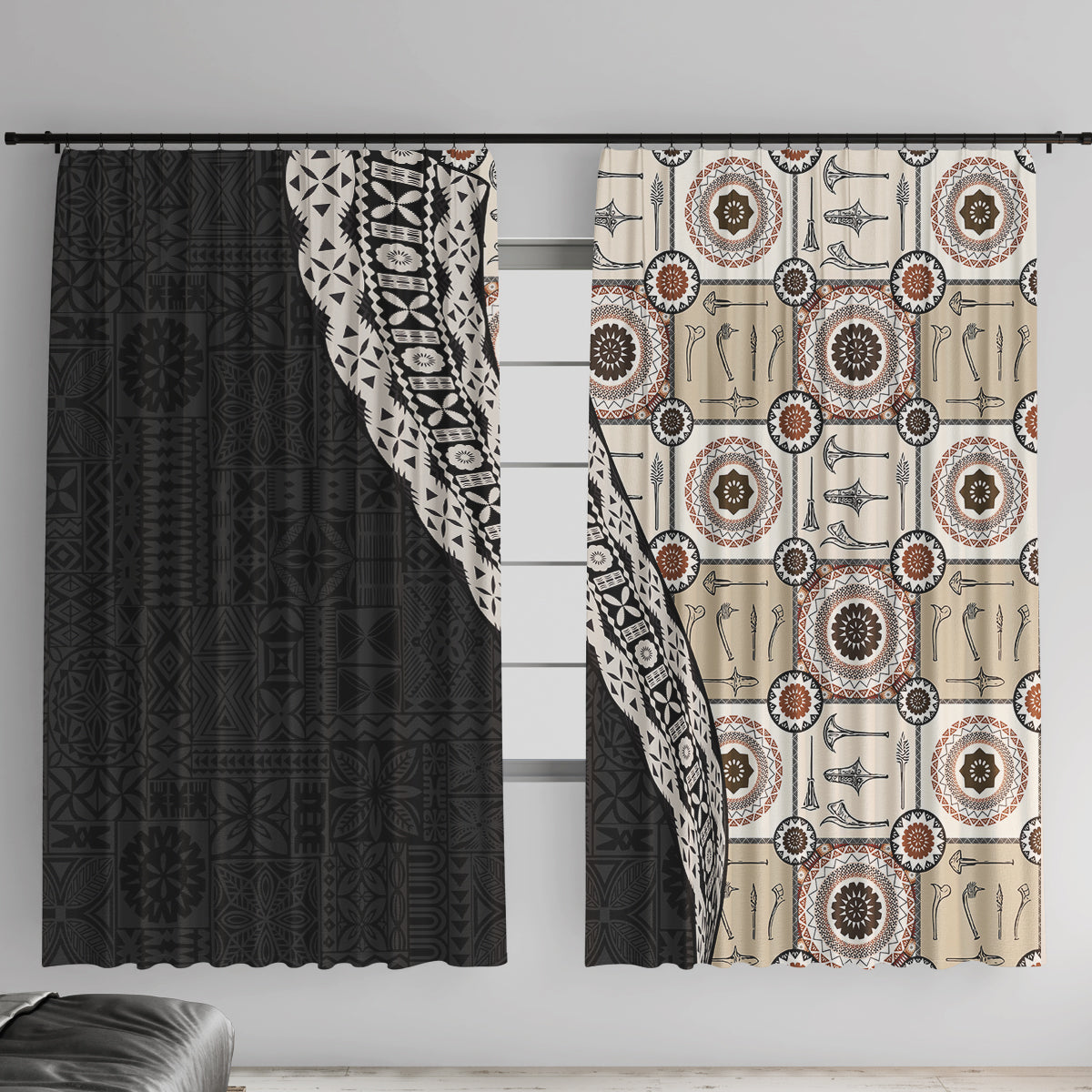 Tukenny Pattern Fijian War Clubs Mix Tapa Tribal Window Curtain LT03 With Hooks Beige - Polynesian Pride